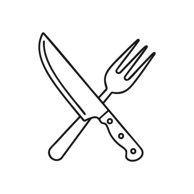 Mutfak Bıçağı ve Çatal Amblemi. Şefin bıçağının minimalist beyaz çizgisi koyu arkaplanda bir et parçasıyla kesişiyor. Gıda ile ilgili işletmeler ya da menüler için mükemmel.