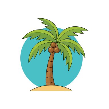 Hindistan cevizli Palmiye ağacı çizgi filmi. Canlı animasyonlar, sakin bir su dairesi tarafından çerçevelenmiş, kumlu bir adada meyve taşıyan yalnız bir tropikal bitki sergiliyor. Huzurlu tatili simgeliyor.