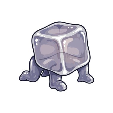 Parlak Dörtlü Küp Karakteri. Bu dijital illüstrasyon, dört kısa uzvu ve parlak bir arkaplan üzerinde duran eşsiz, parlak, grimsi-mor kübik bir varlığa sahiptir. Bir kapris hissi uyandırıyor..