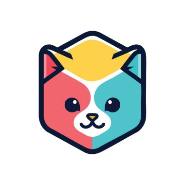 Çekici Soyut Kedi Maskotu. Enfes bir dijital illüstrasyonda altıgenin içinde canlı renkleri olan çağdaş bir kedi varlığı sergileniyor. Neşeli ve farklı bir marka..