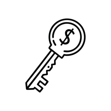 Mali Refah Simgesi 'nin anahtarı. Bu minimalist vektör, parasal başarılara giden yolu temsil eden, üzerinde dolar sembolü bulunan bir beyaz erişim aygıtı içeriyor..