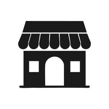 Perakende mağaza binası ikonu. Tenteli bir iş yeri gösteren modern bir resim. Ticareti, tüketici mallarını ve dijital mağazaları temsil eder.
