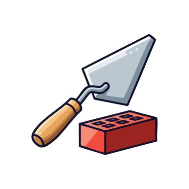 İnşaat malası ve tuğla sanatı. Bir yapı taşının yanında, çok çalışmayı ve ilerlemenin temelini sembolize eden duvarcılık aracının canlı tasviri. DIY için ideal, ev geliştirme, ve.