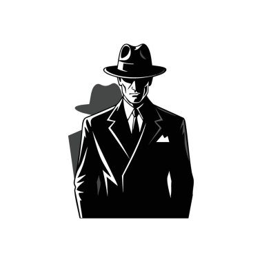 Klasik kara adam portresi. Şık bir fötr şapka ve özel giysiler giyen sofistike bir erkek figürünün cesur tek renkli çizimi. Gizemi ve sonsuz zarafeti somutlaştırır..