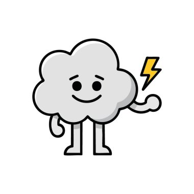 Elektrik gücü ile Mutlu Bulut. Neşeli bir çizgi film karakteri canlı bir şimşek sembolü barındırır, dinamik gücü somutlaştırır, parlak bir fikir, ya da yaklaşan hava. Siyah üzerine grafiksel.