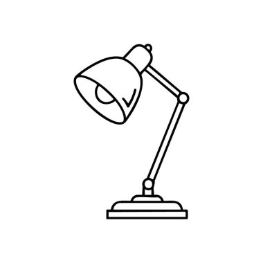 Ayarlanabilir Masa lambası Simgesi. Ofisin çok yönlü ışık kaynağının temiz beyaz silueti. Parlak fikirleri, gayretli çalışmayı ve odaklanmış çalışma ortamlarını simgeler, berraklığı getirir..