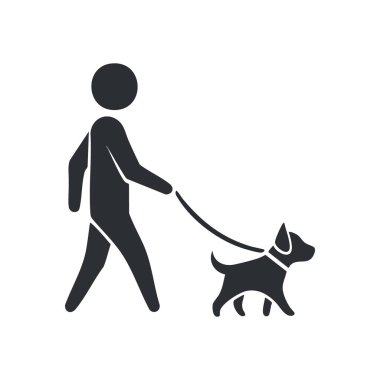 Yürüyen Köpek Tasma Simgesi. Minimalist grafik, hayvan arkadaşını gezinti güvertesine götüren bir bireyi gösteriyor. Bakımı, günlük egzersizi ve hayvan bakıcılığını temsil eder..