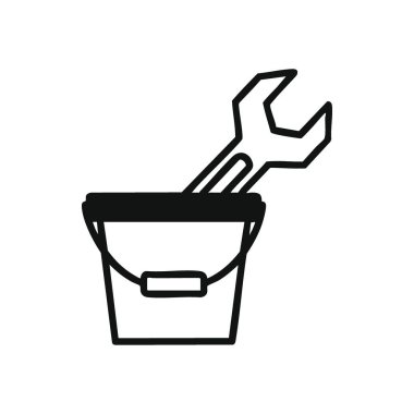 Bucket ve Wrench Outline. Minimalist grafik bir kabın içindeki tamir aletini tasvir ediyor. Bakım, hizmet ve pratik problem çözme görevlerini sembolize eder.