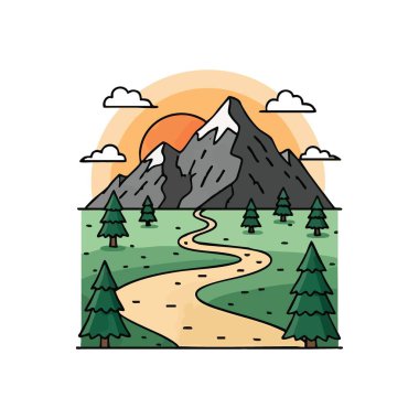 Doğa Yolu Dağ Macerası. Canlı karikatür manzarası görkemli zirveler, dolambaçlı yollar, yeşil çam ağaçları ve turuncu bir güneş diski. Açık havada keşif ve barışçıl kaçışı çağrıştırıyor..