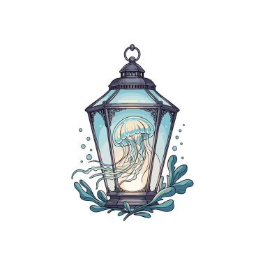 Büyülü Deniz Feneri. Su bitkileri ve baloncuklarıyla çevrili süslemeli bir aydınlatma ile kaplanmış ışıltılı bir Medusa 'nın büyüleyici bir çizimi. Huzurlu, gizemli mucizeyi temsil eder..