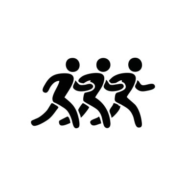 People Group Icon 'u yönetmek. Bu minimalist grafik, birlik, aktif yaşam tarzı veya takım çalışmasını sembolize ederek ilerleyen bireylerin üçlüsünü tasvir eder..