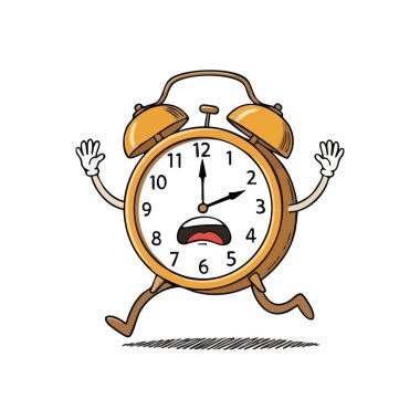 Panikli alarmlı saat çalışıyor. Hüzünlü yüz tanıma sprintleri, zaman baskısını, teslim tarihlerini ve anların yoğunluğunu simgeleyen animasyon saat..