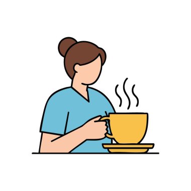 Sıcak içeceğin tadını çıkaran kişi. Buharı tüten bir bardağın tadını çıkaran bir bireyin minimalist çizimleri. Bu sahne, sakin, rahat ve keyifli bir günlük ayin ya da kişisel bakım anını anımsatıyor..