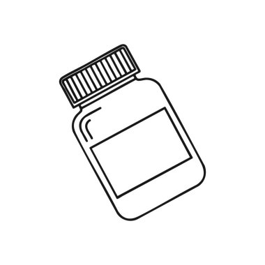 İlaç Şişesi Taslak Simgesi. Boş etiketli bir ilaç kutusunun minimalist ana hatları, refahı, sağlığı ve özel çözümleri sembolize ediyor..