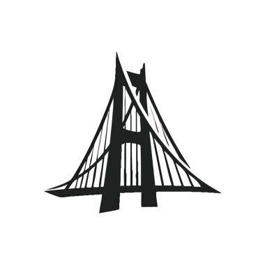 Minimalist Golden Gate Köprüsü Simgesi. Bu zarif tek renkli tasvir, bağlantıyı, ilerlemeyi ve mühendislik harikalarını sembolize eden ünlü bir süspansiyon açıklığını temsil ediyor. Modern tasarımlar için ideal.