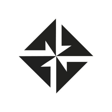 Konsantrik Oklar Geometrik Simgesi. Bu minimalist grafik, merkezi bir merkezde birleşen dört koyu noktayı gösteriyor, birleşme, yön veya odak noktası içeren tasarım kavramları için ideal..