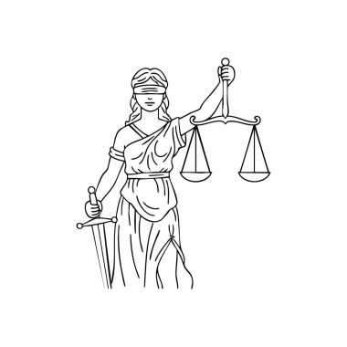 Bayan Adalet Sembol Simgesi Simgesi. Zarif beyaz çizgili sanat, gözleri bağlı bir kadın figürünü tasvir ediyor. Kılıçlı ve dengeli bir kadın figürü. Adaletli yargılama ve hukuki mesleği somutlaştırıyor..