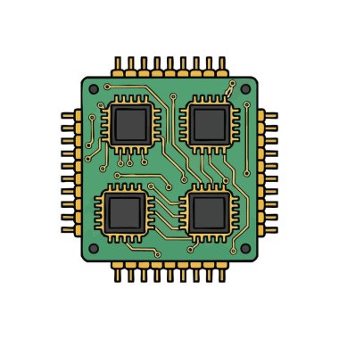 Dijital devre tahtası çip çizimi. Bu grafik, çoklu entegre işlemcili bir elektronik modül tasvir ediyor, teknolojik ilerlemeyi ve birbiriyle bağlantılı zekayı sembolize ediyor..