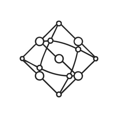 Bağlantılı Ağ Simgesi Tasarımı. Yapılandırılmış veri sisteminin minimalist geometrik görüntüsü. Küresel bağlantılar, teknolojik çerçeveler ve organize bilgi akışını temsil eder.