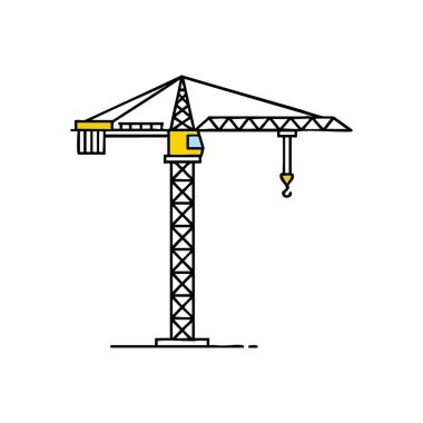 Modern İnşaat Turna Tasarımı. Uzun bir bina makinesinin çıtır çıtır, minimalist vektör çizimi. Bu grafik kentsel gelişimi, ilerlemeyi ve mühendislik gücünü somutlaştırır..