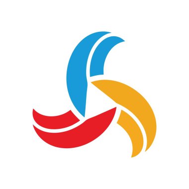 Dinamik Renkli Soyut Sembol. Mavi, kırmızı ve turuncu olarak birbirine bağlı üç canlı elementi içeren soyut tasarım. Bu akışkan logo birliği, enerjiyi ve sinerjiyi simgeler..