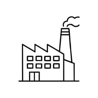 Sanayi Binası Simgesi. Üretimi, modern ticareti ve çevresel kaygıları temsil eden bacadan çıkan dumanla bir üretim fabrikasının tasviri..