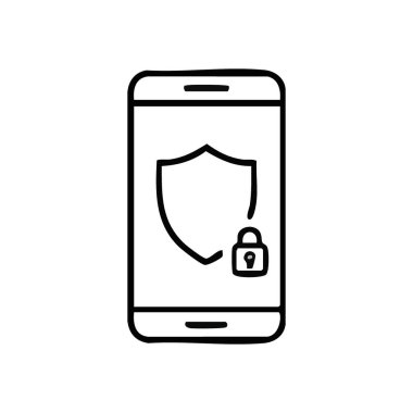 Cep telefonu güvenlik kalkanı kilidi. Kişisel bilgiler için güçlü veri gizliliğini ve siber savunmayı sembolize eden koruyucu bir amblem ve kilitli bir asma kilidi gösteren dijital bir cihaz.