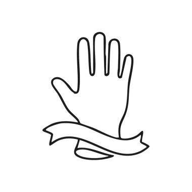 Boş Kurdeleli Kaldırılmış El Taslağı. Basit bir grafikte karşılama jesti ya da sağlam bir duruş sergiler. Boş parşömen özel metin, somutlaştırılmış özgürlük veya farkındalık için yer sunuyor.