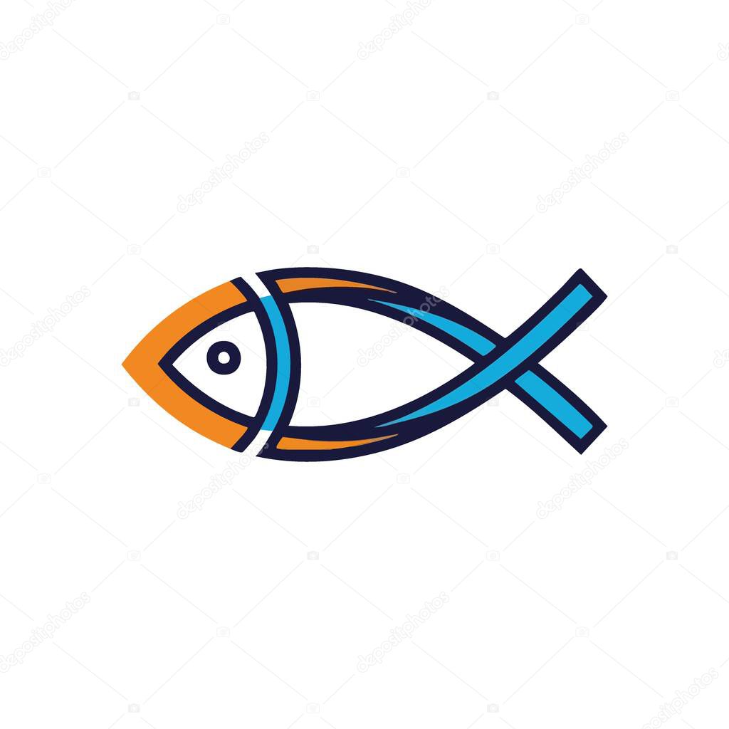 Modern Christian Fish Symbol Logo. Contemporary aquatic creature illustration featuring vibrant orange and serene blue lines. This graphic emblem represents the timeless Ichthys, signifying.