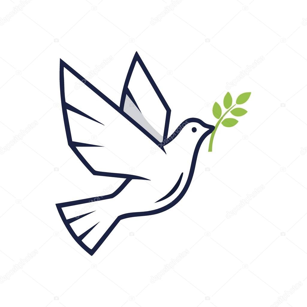 Peace Dove with Olive Branch Flying. Graceful avian graphic showcasing a pristine feathered creature bearing a green sprig. This potent emblem conveys universal harmony, hope, and new beginnings.