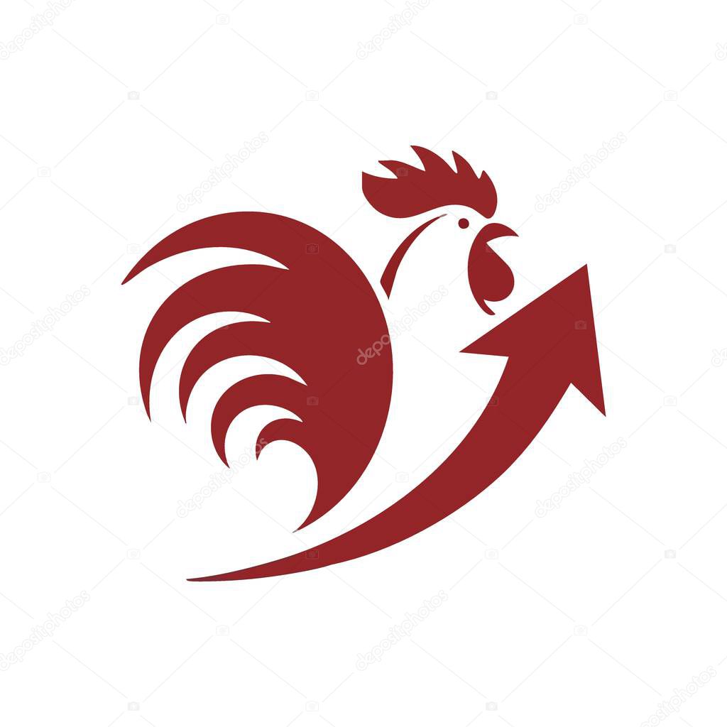 Ascending Rooster Success Mark. This emblem features a vibrant fowl with an upward trajectory arrow, symbolizing prosperity, progress, and early advantage in business.