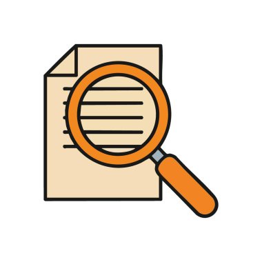 Belge Arama ve Analiz Simgesi. Temiz grafik, dijital bir kaydın üzerinde büyüteç tasvir ediyor. Detayları bulmak, araştırma yapmak ve anlayışlı incelemeler yapmak için ideal..