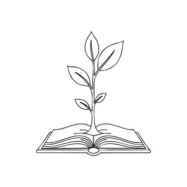 Bilgi Blossoms Simgesi. Açık bir akademik kitapta kök salmış büyüyen bir tohumu betimleyen katıksız beyaz bir grafik. Entellektüel aydınlanmayı, sürekli öğrenmeyi ve gelişen kişisel gelişmeyi simgeler..