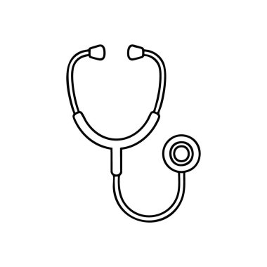 Tıbbi Steteskop Sağlık Simgesi. Bu minimalist beyaz çizgi, teşhisi ve hasta bakımını sembolize eden hayati önem taşıyan klinik bir aleti gösteriyor. Sağlık konuları için ideal.