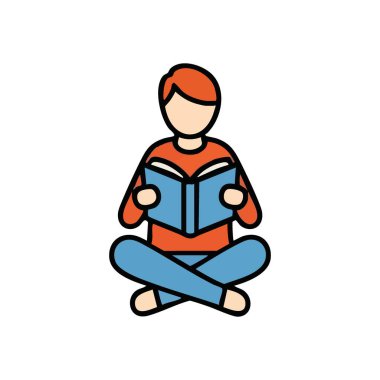 Kitap İllüstrasyonu Okuyan Kişi. Sessiz çalışma yapan bir bireyi gösteren stilize bir grafik. Bu görsel, bilginin, okur yazarlığın ve düşünceli düşüncenin temalarını aktarır..