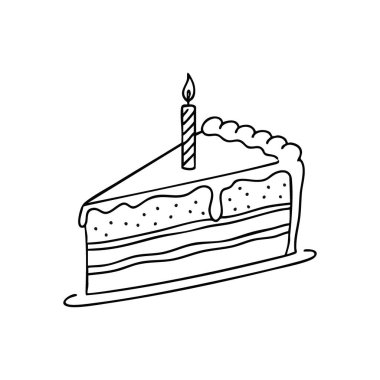 Bayramlık Tatlı Dilimi ve Mum. Yanmış bir konik ile süslenmiş tek parça pastanın el çizimi çizimi. Neşeyi, kilometre taşlarını ve tatlı kutlamaları simgeler..