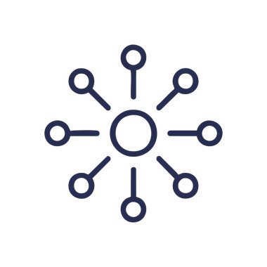 Merkezi Bağlantı Sembolü. Bu modern vektör resmi, yayılan bağlantıları olan bir çekirdek düğümü tasvir eder. Dağıtım, organize sistemler ve kolektif ilişkiler fikirlerini iletir..