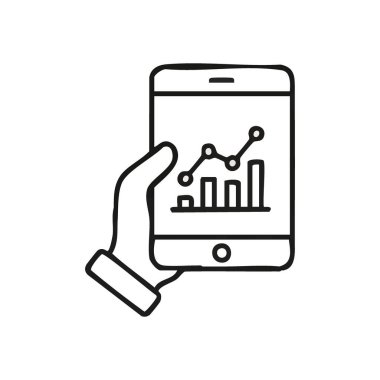 Mobil 'de iş sezgileri. İnsan eli, finansal tabloları ve büyüme göstergelerini gösteren modern taşınabilir bir cihaz tutuyor. İlerlemeyi ve performansın gerçek zamanlı izlenmesini sembolize eder.