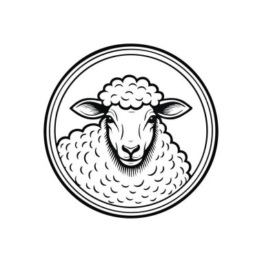 Daire içinde Sakin Koyun Portresi. Bu zarif monokrom çizimi dairesel bir çerçeve içinde sakin bir kuzu içeriyor. Masumiyet, sükunet ve doğal saflığı somutlaştırır..