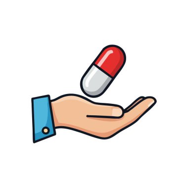 El Sağlık Hapları 'nı sunar. Kırmızı ve beyaz bir tıbbi kapsül sunan insan avucunun canlı bir çizimi. İyileşme, tedavi ve genel refahı sembolize eder..