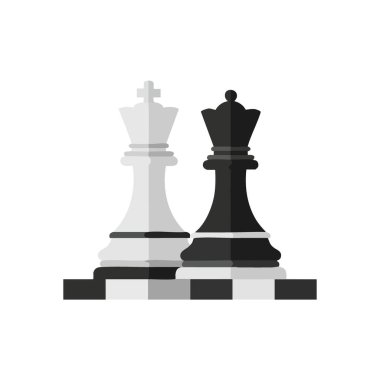Satranç Kralı ve Kraliçe Parçaları. Bir hükümdarın stilize grafiği ve stratejik bir oyundaki refakatçilik. Güç, zeka ve rakip güçlerin rekabetteki ikiliğini sembolize eder..