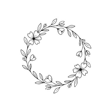 Zarif çiçek çelengi tasarımı. Narin beyaz çiçekleri ve yaprakları olan güzel botanik sınırı zarif bir yuvarlak motif oluşturuyor. Davetiyeler, kartlar veya dekorasyon için ideal, doğal cazibeyi sembolize ediyor..