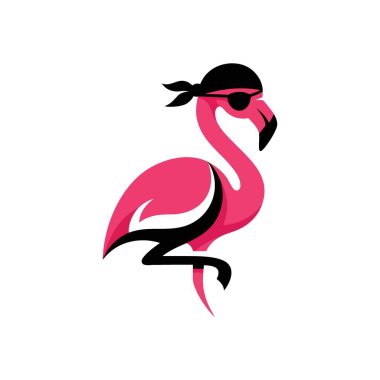 Korsan Flamingo Simgesi. Canlı bir kuş karakteri, bu tropikal kuş siyah bir göz bandı ve bandana ile spor yapıyor, maceranın vücut bulmuş hali ve neşeli bir isyan..