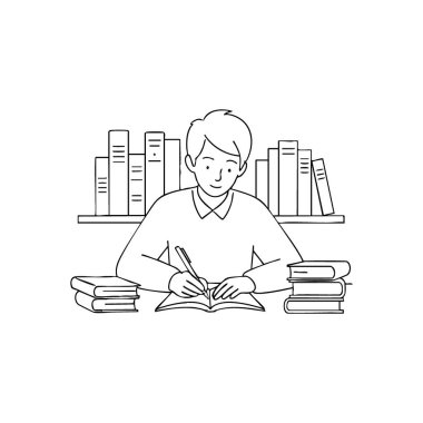 Odaklanmış Öğrenci Yazma ve Öğrenme. Edebi eserlerle çevrili, özenle notlar alan özenli bir bilim adamı. Bu çizim, entellektüel gelişim ve keşif arayışını sembolize eder..
