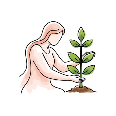 Genç bitkiyi besleyen kadın. Canlı bir illüstrasyon, fidanı nazikçe büyüten bir kadın figürünü gösteriyor. Çevresel bakımı, büyümeyi ve gelecekteki umudu temsil eder..