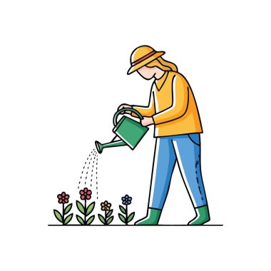 Bahçıvan Çiçekleri Suladı. Kendini adamış bir bahçıvan renkli bahçe çiçeklerini dikkatlice sular. Bu resim büyümeyi, özeni ve doğanın gelişimini sembolize eder..