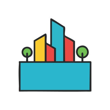 Renkli Şehir Skyline Simgesi. Dinamik dijital sanat eserleri bir kasabanın yüksek yapılarını ve doğal unsurlarını sergiliyor, refah, yenilik ve çevre entegrasyonunu iletiyor.