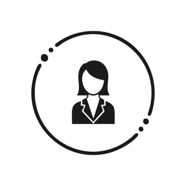 Profesyonel Kadın Kullanıcı Simgesi Dairesi. Modern yuvarlak bir tasarımla çerçevelenmiş, kadın siluetinin temiz bir grafiği. Çevrimiçi kimlikler, şirket profilleri ve uygulama arayüzleri için mükemmel.