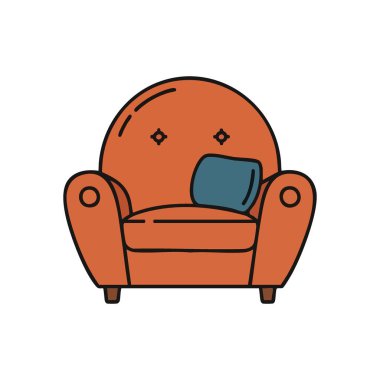 Saf Turuncu Koltuk Simgesi. Aksanlı yastıkla döşenmiş rahat bir mobilyanın basit bir grafik çizimi. Rahatlık ve ev sakinliğini temsil eder..