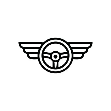 Kanatlı Direksiyon Simgesi. Bu modern amblemde bir aracın miğferi uçuş sembolleriyle süslenmiş. Hız, macera ve sınırsız otomotiv keşiflerini çağrıştırıyor..